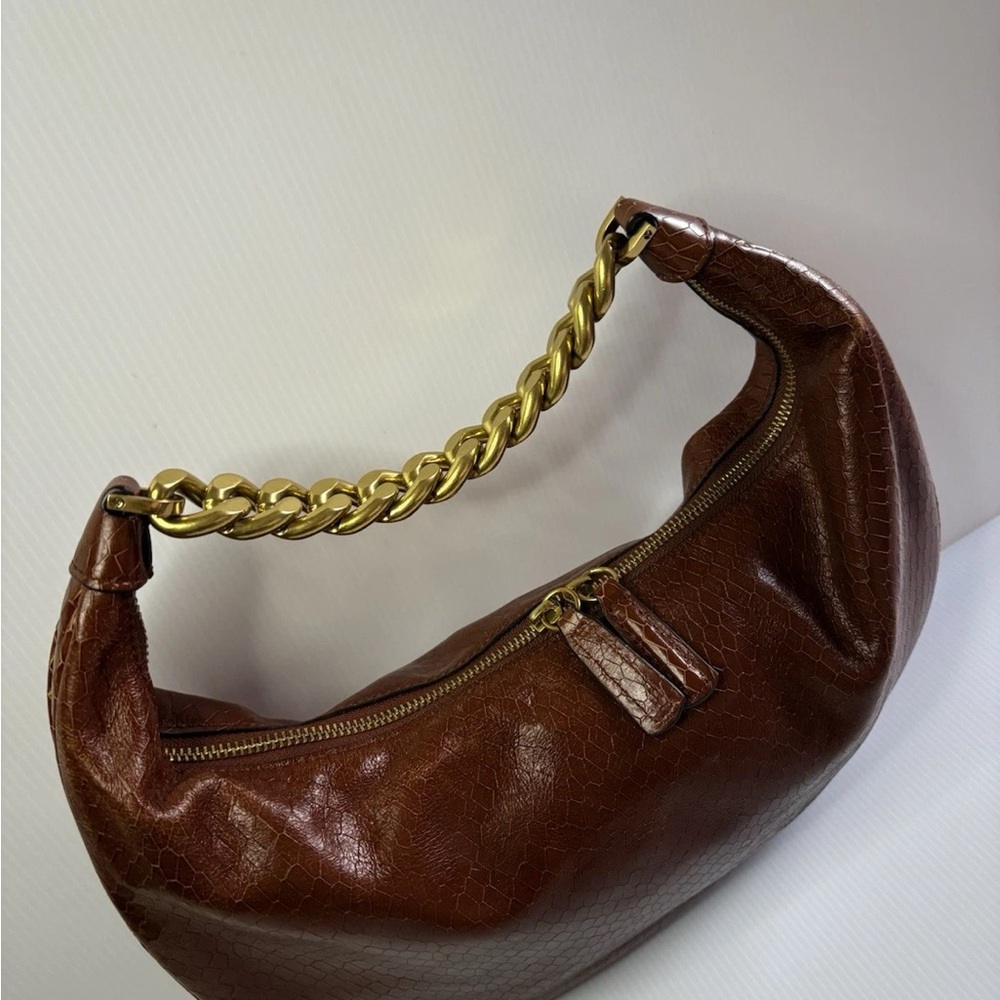 STAUD Brown Leather Hobo Bag with Gold Chain - Picture 2 of 5